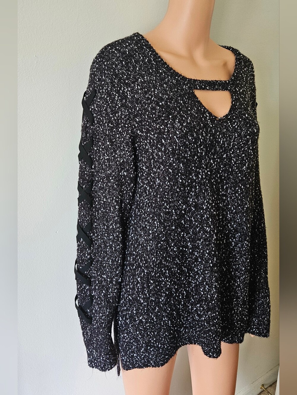Rock And Republic Black Speckled Knit Sweater Dress with Lace-Up Sleeves
